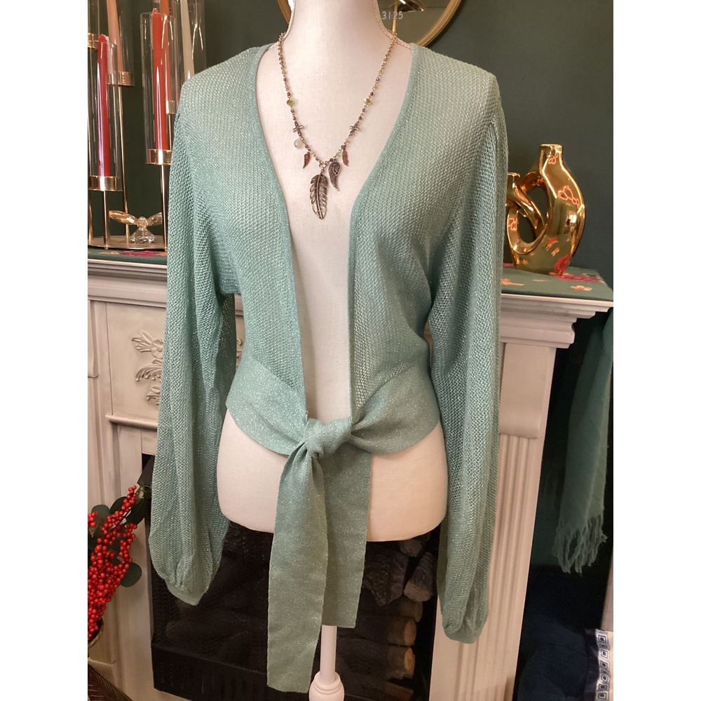 JEANNIE MAI X INC INTERNATIONAL CONCEPTS Mint Metallic Tie‎ Front Cardigan M